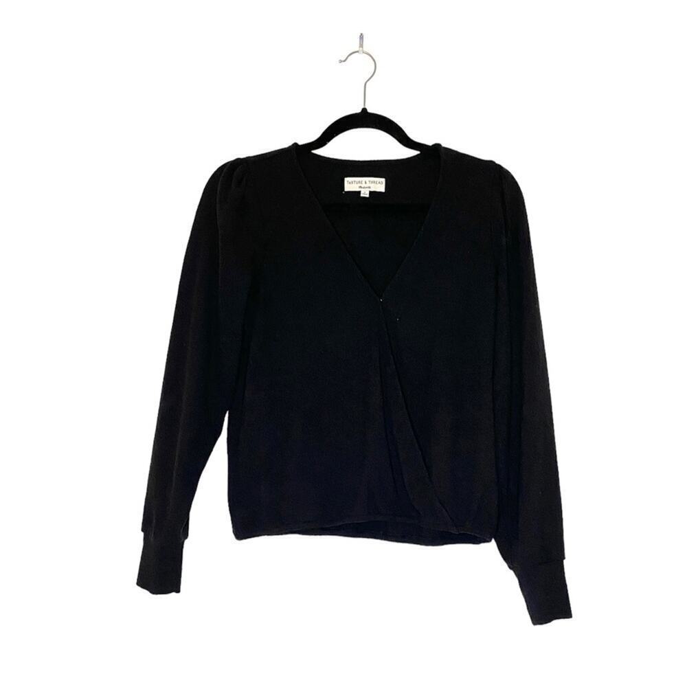 Madewell Texture & Thread Black Wrap Front Snap Long Sleeve Top Size Small